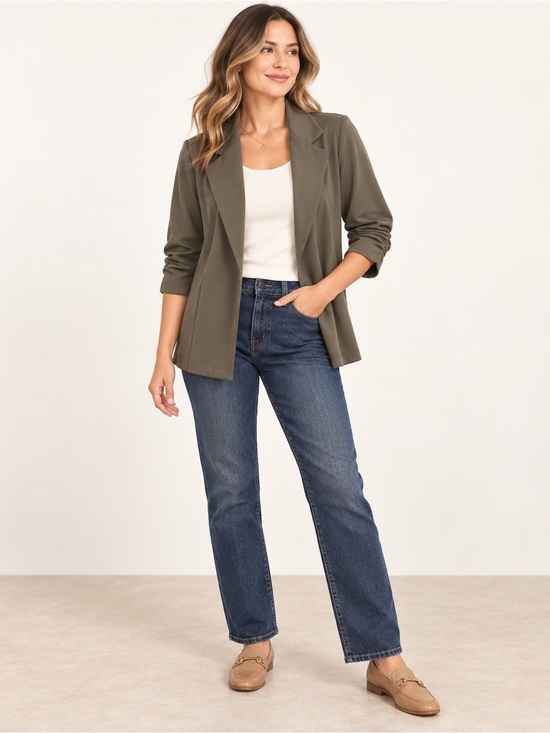 Dear Scarlett Jackets & Blazers - Olive Green Rouched-Sleeve Blazer Jacket